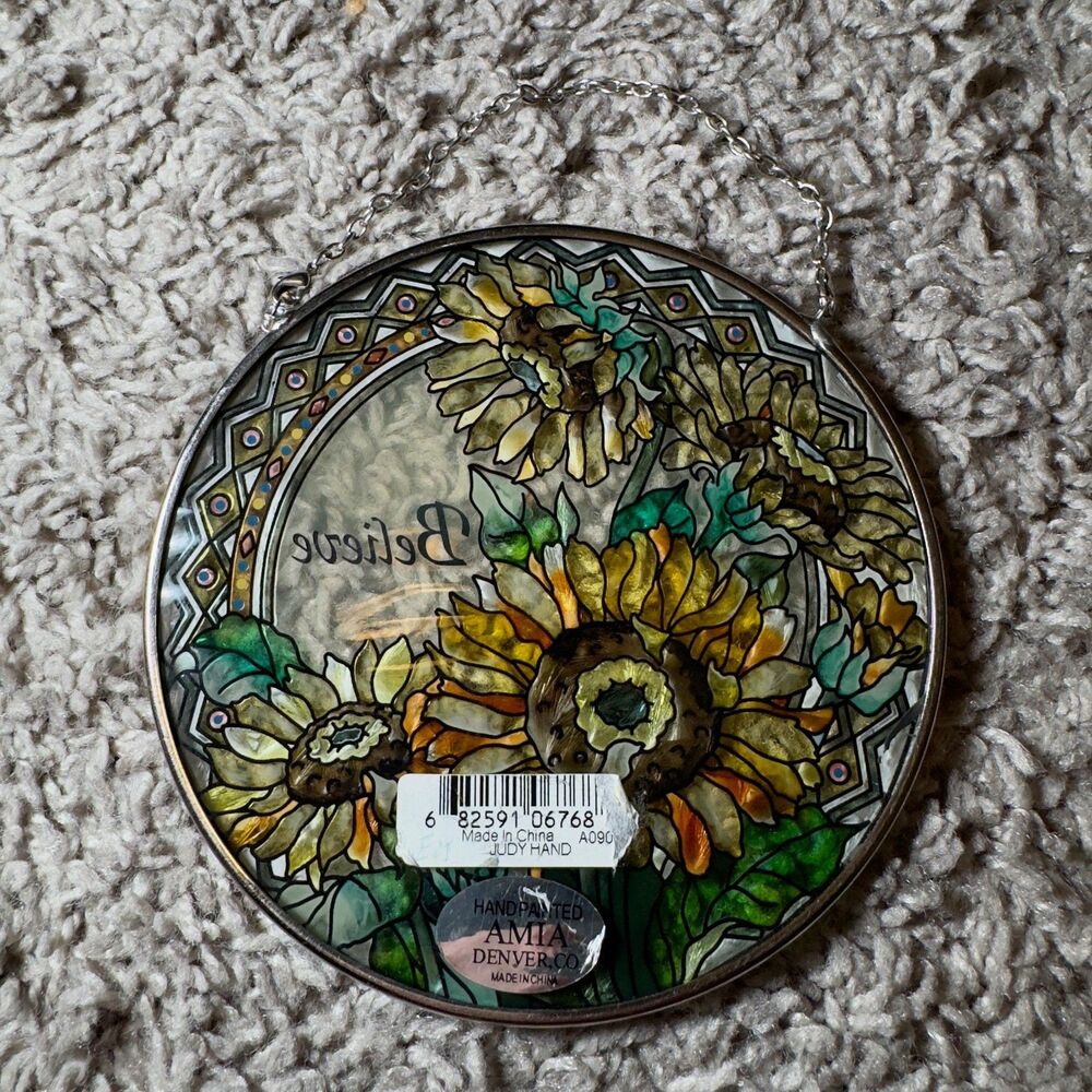 Stained Glass Believe Sun Flowers Round Sun Catcher Hanging Art 4.5" Colorful - Picture 4 of 5